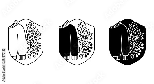 Autumn Sweater Icons, Cozy Knitwear Emblem, Fall Leaf & Berry Badges, Vector Set