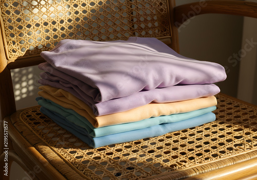Pastel shirts stacked on chair
