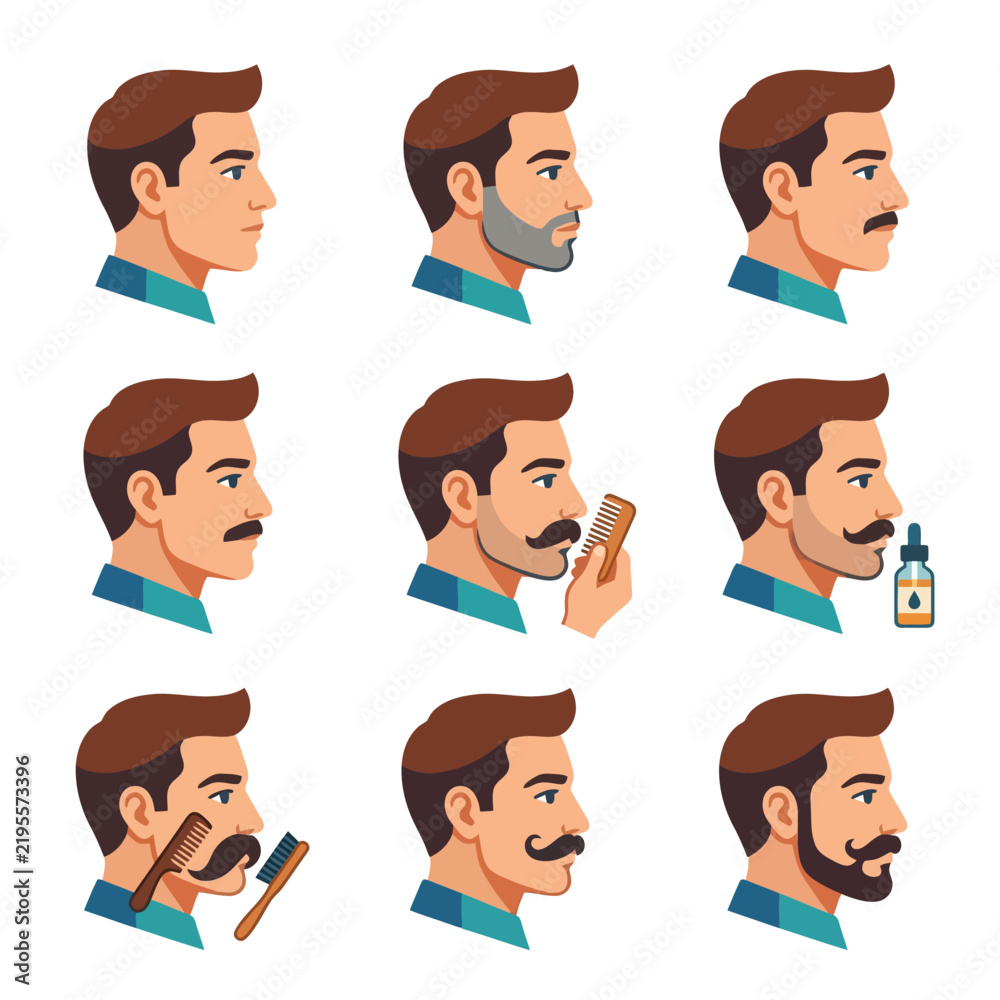 Fototapeta premium Set of illustrations showing a man grooming his beard and mustache in various stages.