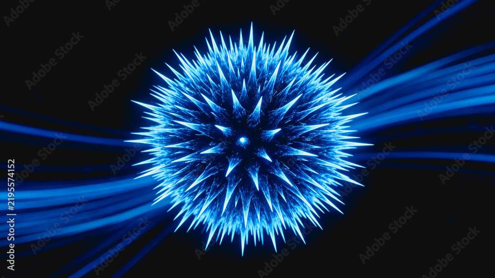 Fototapeta premium A 3D rendered spiky glowing particle, blue with light streaks, representing a microscopic scientific structure in dark space.