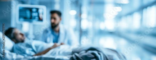 Doctor talking to a patient in a hospital bed in a medical setting, blurred background 