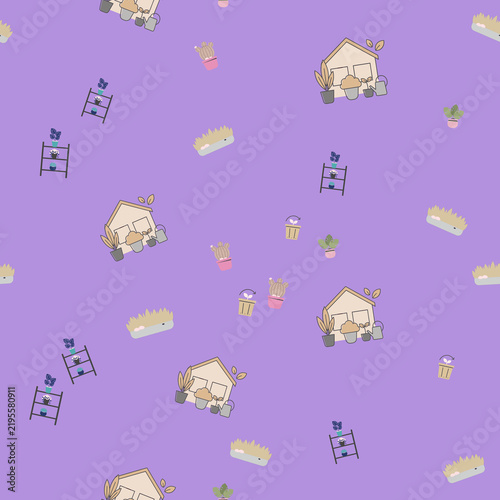 Seamless pattern of cute house and plant illustrations