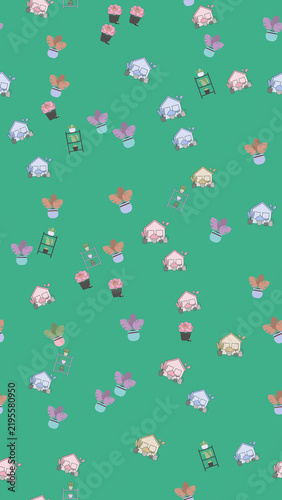 Seamless Pattern of Houses and Potted Plants
