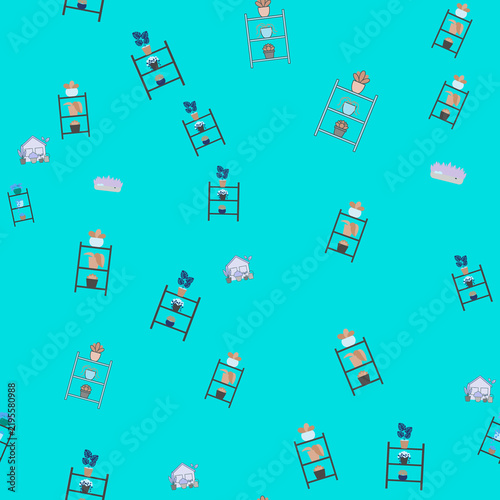 Seamless pattern of potted plants and houses