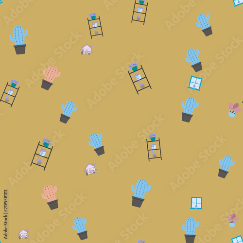 Seamless pattern with cartoon cacti and house illustrations