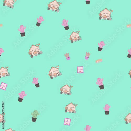 Seamless pattern with cartoon houses and cacti
