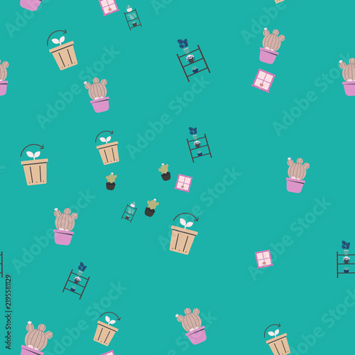 Seamless pattern with potted plants and cacti