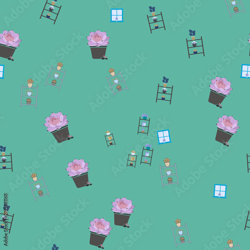 Seamless pattern with potted plants and shelves