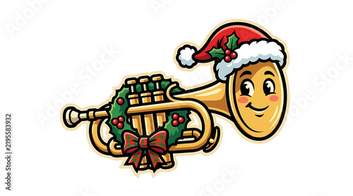 Cartoon Santa Claus Playing Festive Christmas Trombone.