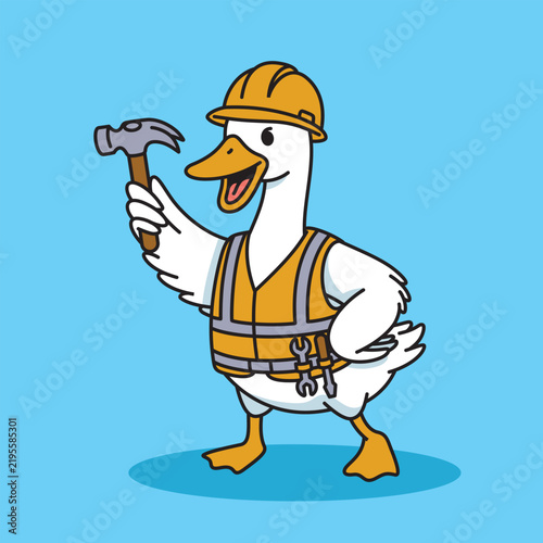 cartoon goose working as a construction worker