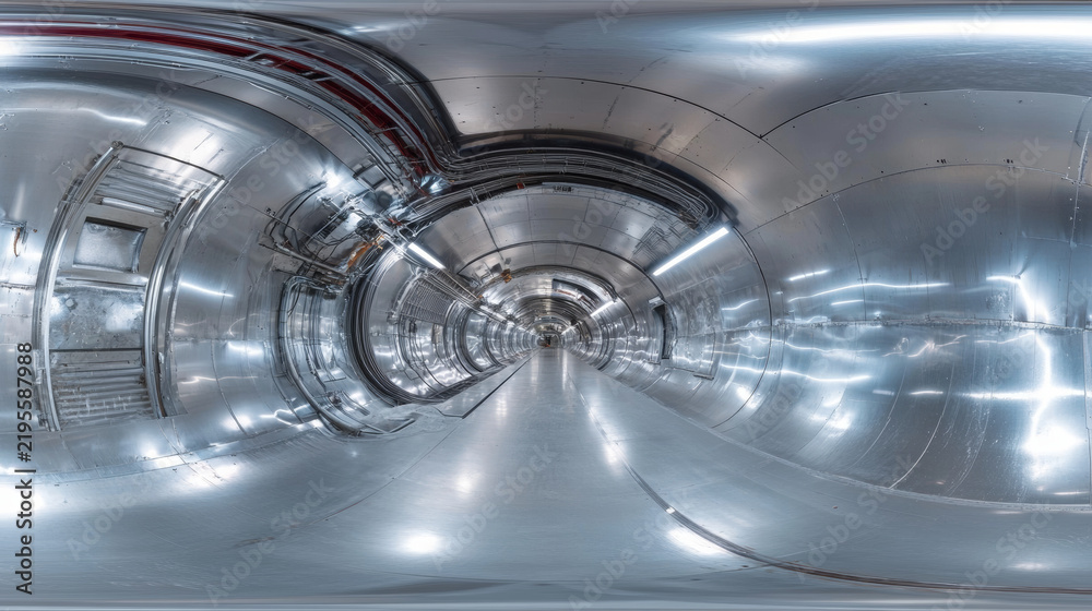 Fototapeta premium 360 degree panorama view.A futuristic space tunnel with a metallic surface is shown in a 3D image. It's a complete, high-resolution panoramic view, perfect for virtual reality.