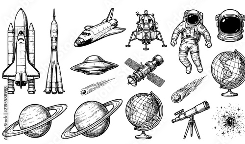 Detailed Aerospace Spacecraft Rocket Astronaut Planet Ink Sketch Vector Set
