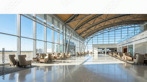 Business travelers using free wi-fi in modern international airport terminal with spacious seating area