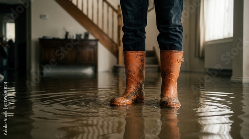 A person in orange waterproof boots wading through floodwater in a flooded house interior.