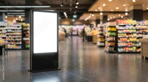 Modern vertical advertising sign with white display in a grocery store setting featuring copy space.