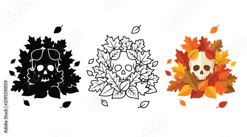 Skull with autumn leaves in three graphic styles on white background