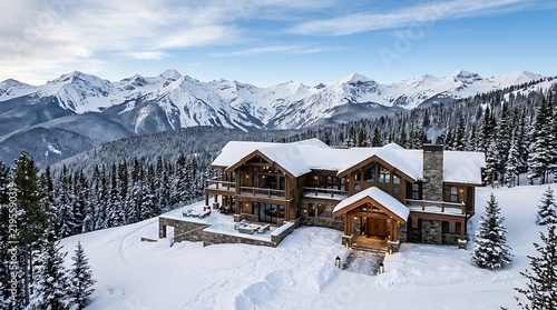 Luxury alpine lodge exterior with snow-covered roof and mountain backdrop for winter tourism marketing