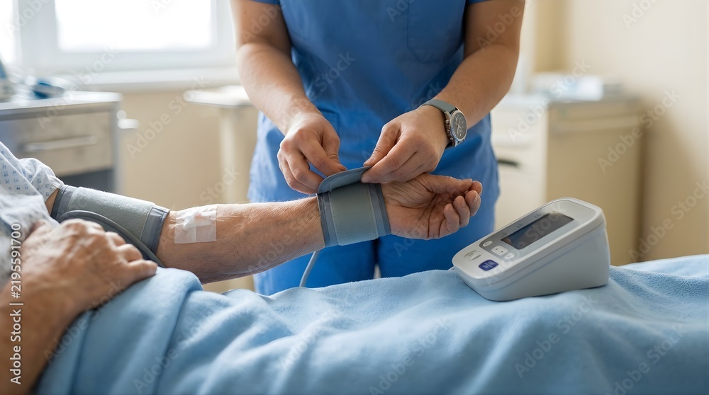 Fototapeta premium Nurse checking blood pressure of elderly patient in hospital room