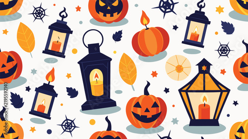 Seamless halloween pattern cute pumpkins lanterns vector texture background with seamless halloween pumpkins lanterns background celebration illustration seasonal elements
