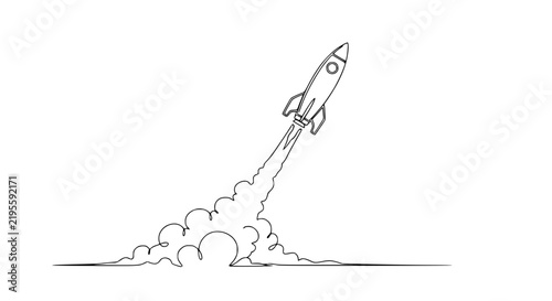 Minimalist Rocket Launch, Continuous Line Art, Smoke Trail, Isolated