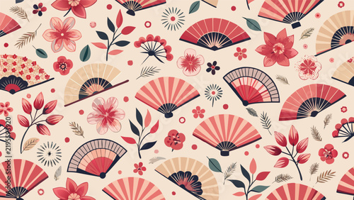 Japanese fan and flower seamless pattern asian floral background with seamless background japanese traditional oriental illustration decoration abstract botanical ornament wallpaper