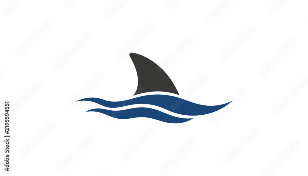 Obraz premium Minimalist logo showing a dark grey shark fin cutting through blue ocean waves, representing danger, wild marine life, or power.