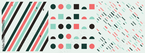 Geometric seamless patterns, abstract background with stripe, shape, dot effects. Retro colorful texture, template layouts with different shapes. Vintage graphic print. Vector graphic set.