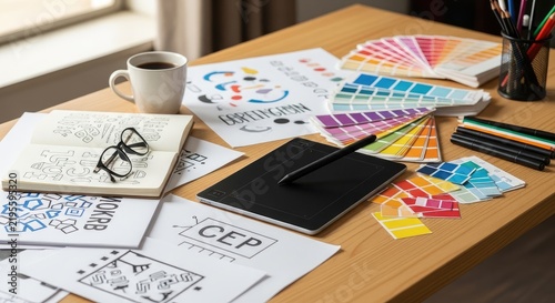 A designer's workspace is cluttered with creative tools and materials. A coffee cup sits on a wooden desk alongside a tablet, sketchbooks, colored pencils, and a color palette.