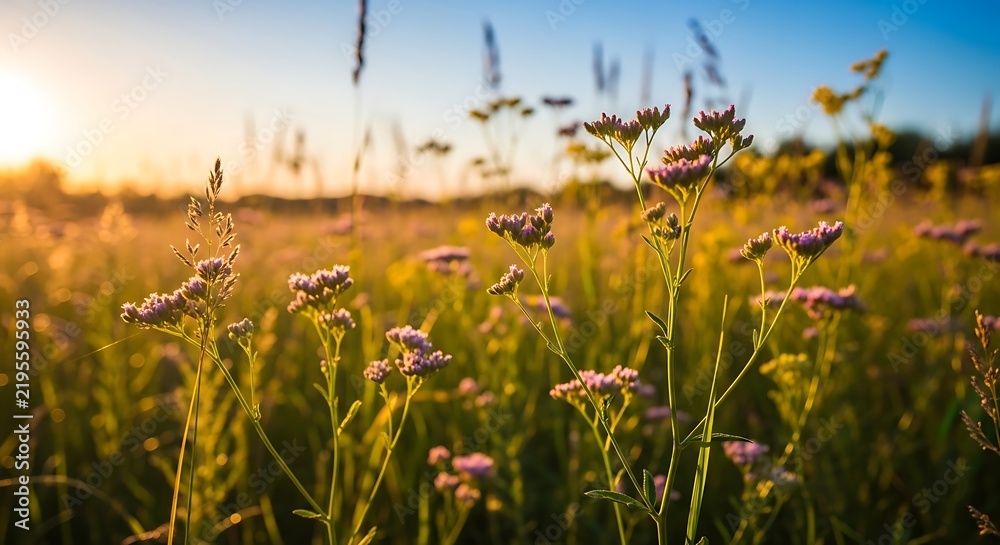Fototapeta premium Wildflowers and Tall Grass Field Blooming at Golden Sunset Landscape