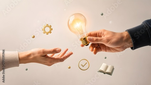 Creative Business Idea Sharing And Knowledge Transfer With Glowing Light Bulb
