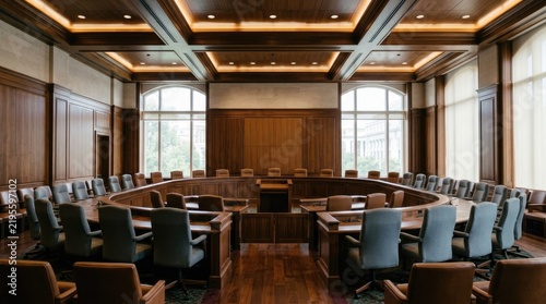 A group of people sit around a large, circular wooden table in a stately, well-lit conference room. The room features dark wood paneling, large windows, and a coffered ceiling with recessed lighting.