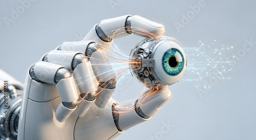 Detailed white robotic hand holding an intricate bionic mechanical eye with a realistic blue iris, complex mechanical components, and a glowing network of data wires on a grey background.