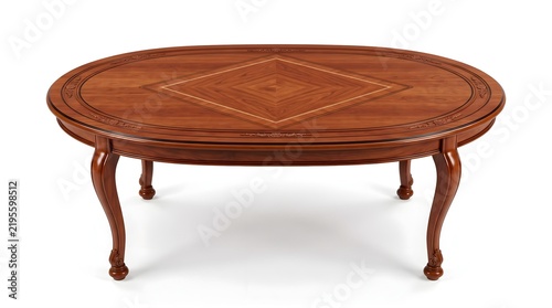 Oval Wooden Coffee Table with Geometric Inlay Pattern