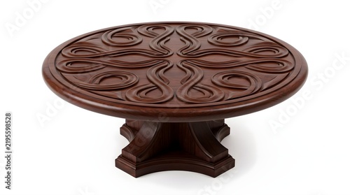 Round Carved Wooden Pedestal Table with Ornamental Surface