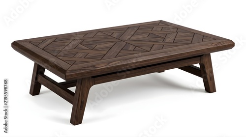 Dark Brown Carved Wooden Coffee Table with Geometric Top Design