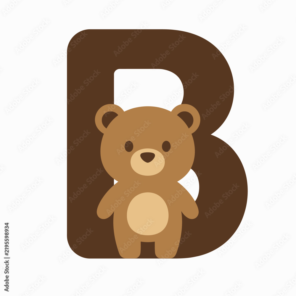 Obraz premium Cute brown teddy bear standing in front of a large dark brown letter B on a white background, perfect for children's education.
