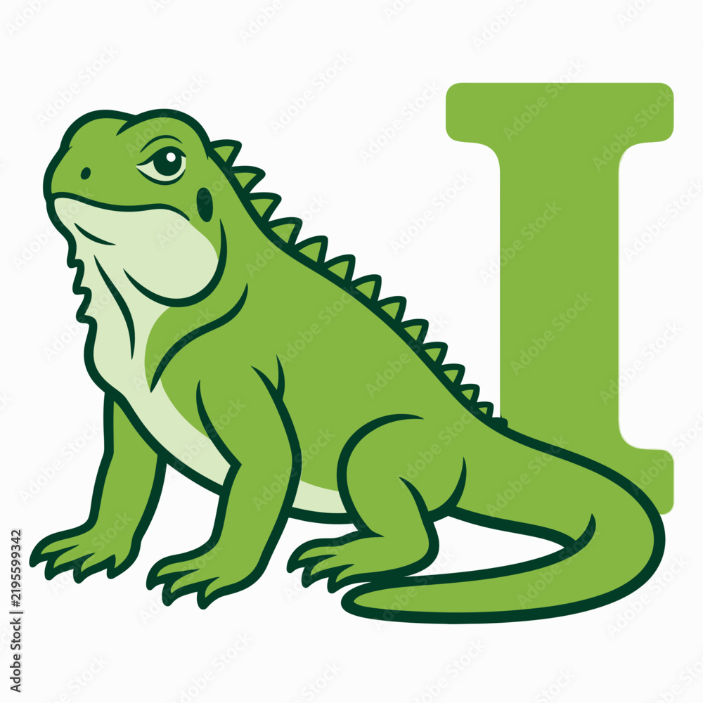 Obraz premium A stylized green iguana with a prominent letter 'I' in the background, representing the letter and the animal.