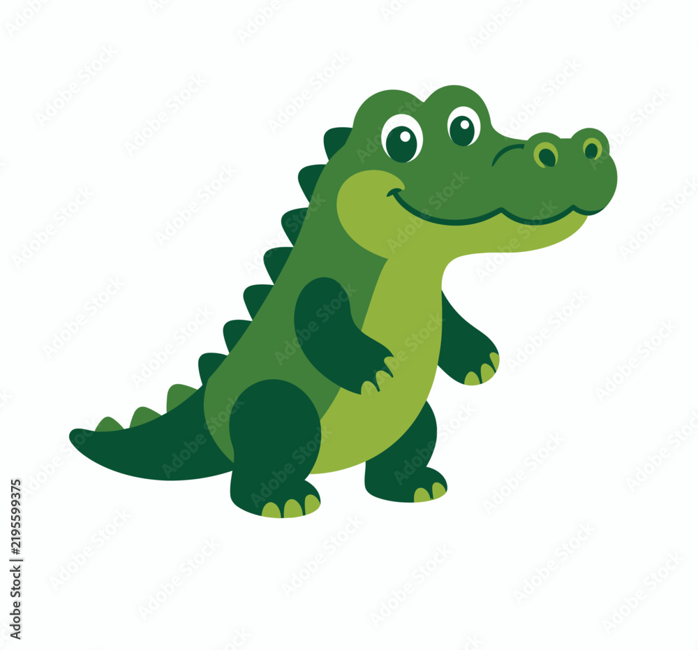 Obraz premium A cute cartoon alligator with big eyes and a friendly smile, standing on a white background.