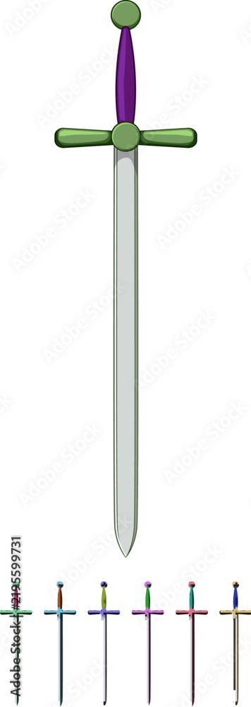 Obraz premium sharp medieval sword cartoon. knife knight, old handle, war iron sharp medieval sword sign colorful illustration
