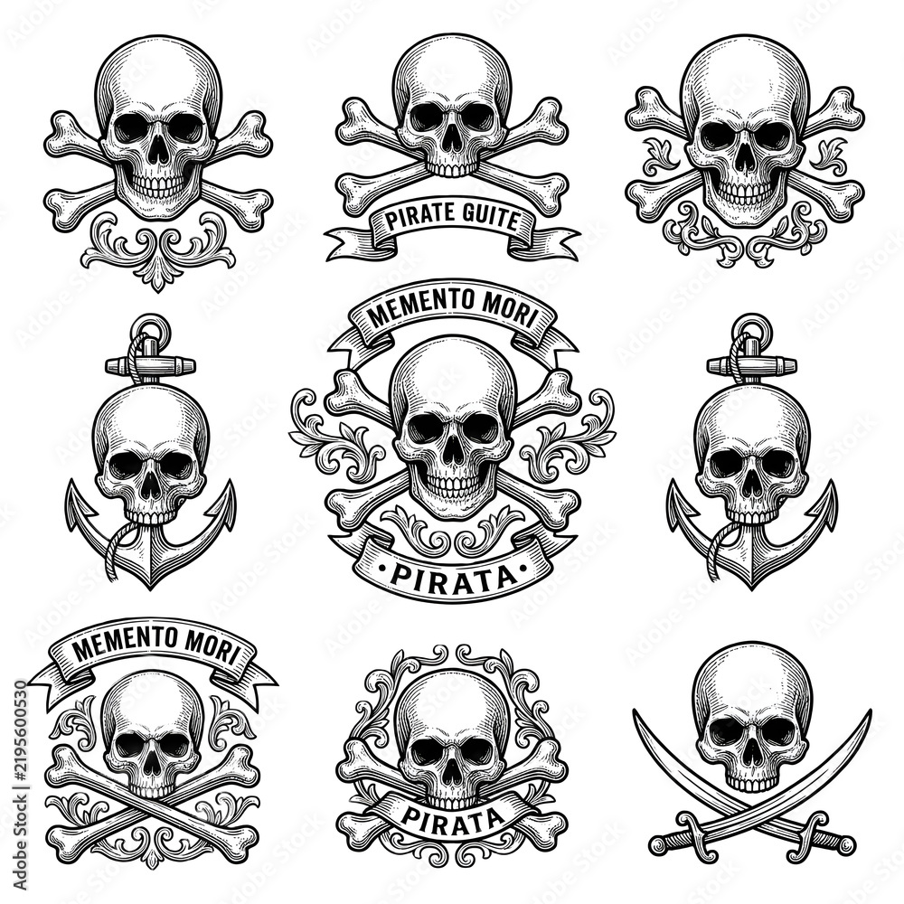 Fototapeta premium Pirate Skull and Crossbones Vector Set Vintage Memento Mori Badges Swords Anchors Ribbons Line Art Collection Isolated on White Background