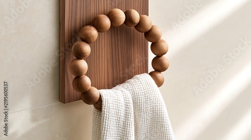 Wooden Bead Towel Ring Mounted on Wall with White Hand Towel for Bathroom Decor