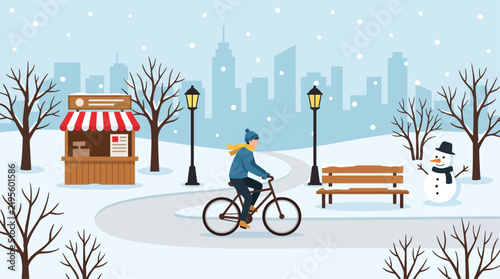 Winter city park landscape with man riding bicycle, snowy outdoor scene with snowman and kiosk, urban winter park background vector illustration