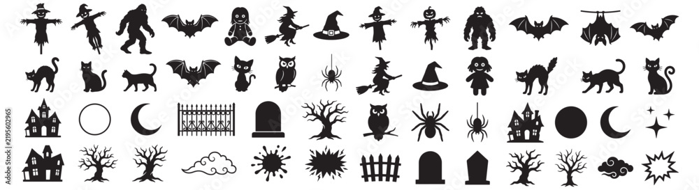 Fototapeta premium Halloween Silhouette Icons Set Featuring Bats Cats Witch Haunted House and Spooky Symbols