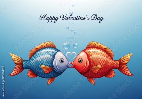 水中バレンタイン、二匹の魚のキス、ハートの泡、愛