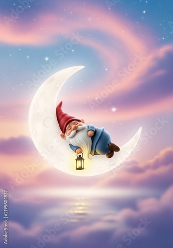 月の上で眠る小人、ランタンと夢のような空