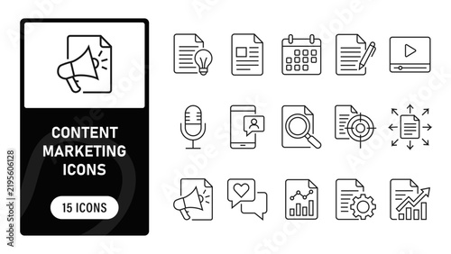 Content marketing icon set. Featuring megaphone, article idea, content calendar, copywriting, video marketing, microphone, and SEO research. Vector line icons for digital strategy, social media