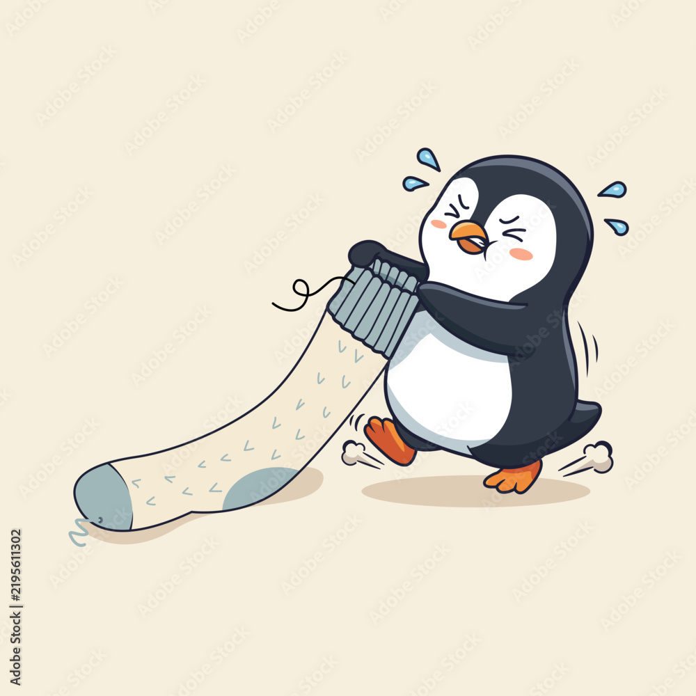 Fototapeta premium Penguin Struggling to Pull a Giant Rolled Blanket | Cute cartoon penguin strains to pull an oversized rolled blanket, creating a playful winter illustration with expressive motion and humor with fun