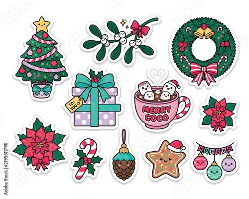 A collection of cute hand drawn christmas stickers featuring a tree mistletoe wreath gift box hot cocoa poinsettia candy cane ornament and gingerbread cookie
