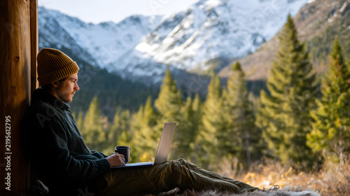 Man Working on Laptop Near Mountain Cabin with Forest and Snowy Peaks