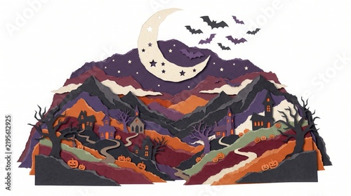 A delightful halloween scene shows a crescent moon with silhouetted bats flying over a spooky and vibrantly colorful mountain landscape